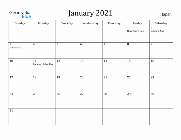 January 2021 Calendar Japan