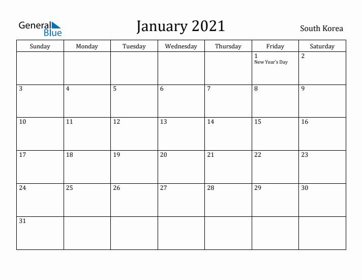 January 2021 Calendar South Korea