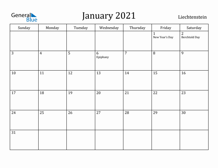 January 2021 Calendar Liechtenstein