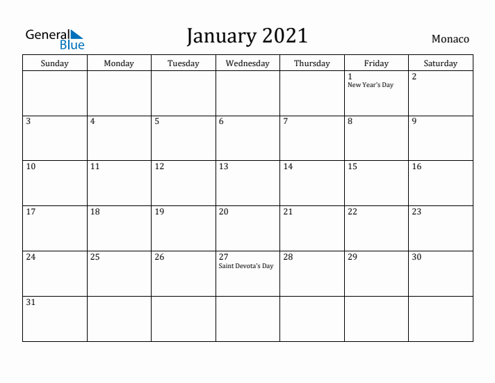 January 2021 Calendar Monaco