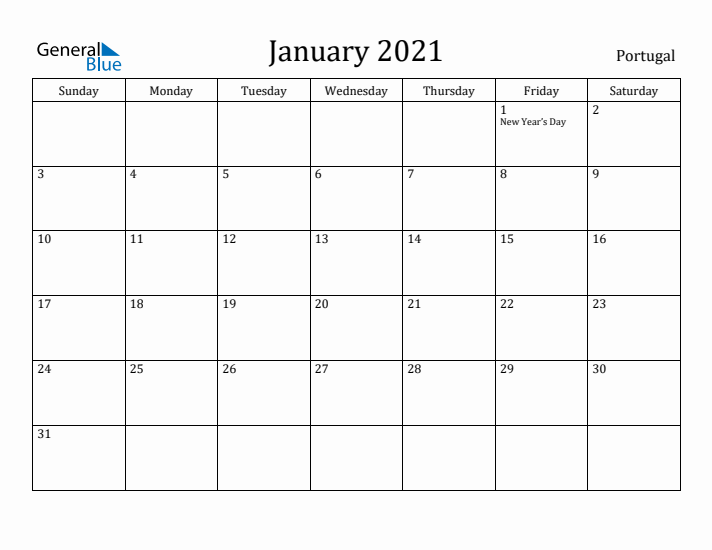 January 2021 Calendar Portugal