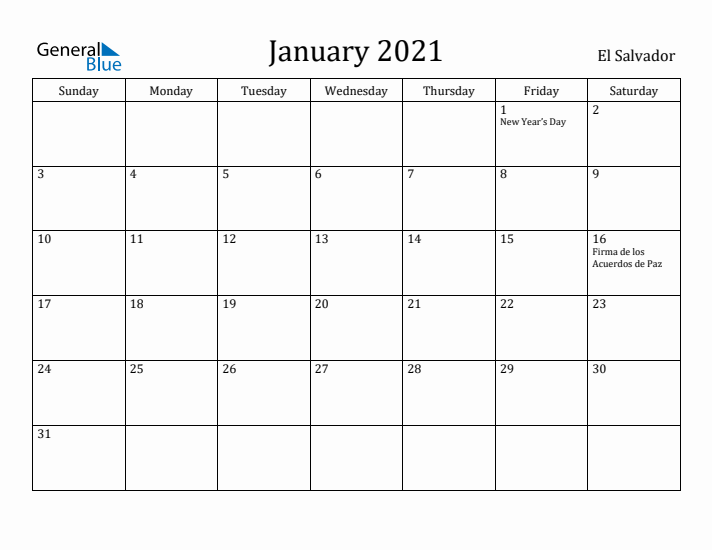 January 2021 Calendar El Salvador