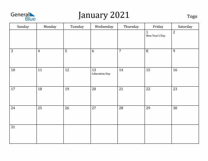 January 2021 Calendar Togo