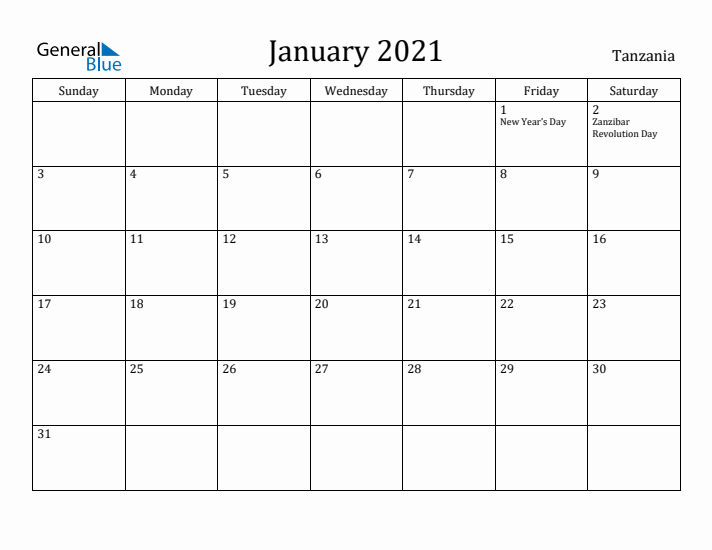 January 2021 Calendar Tanzania