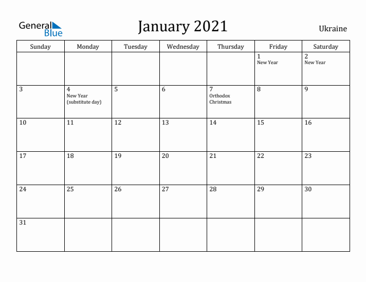 January 2021 Calendar Ukraine