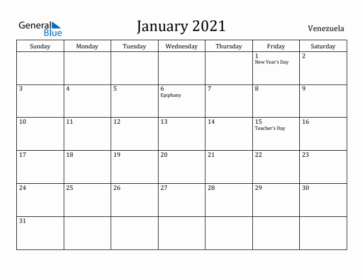 January 2021 Calendar Venezuela