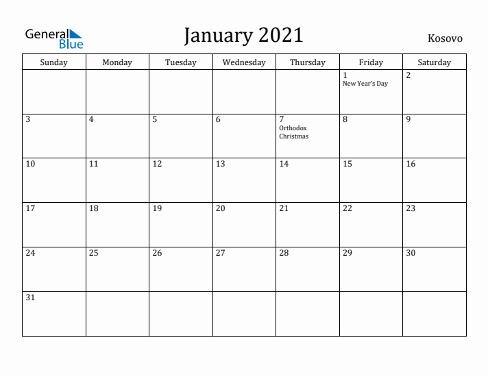 January 2021 Calendar Kosovo