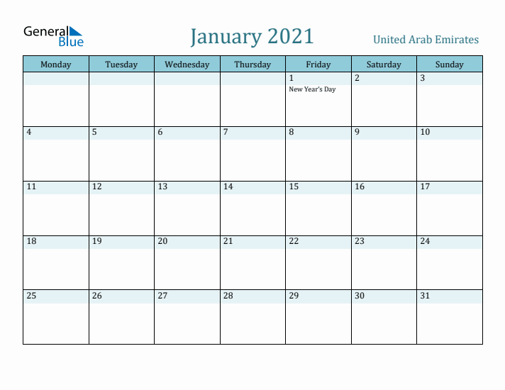 January 2021 Calendar with Holidays