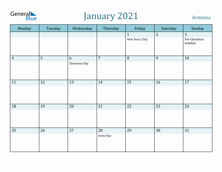 January 2021 Calendar with Holidays