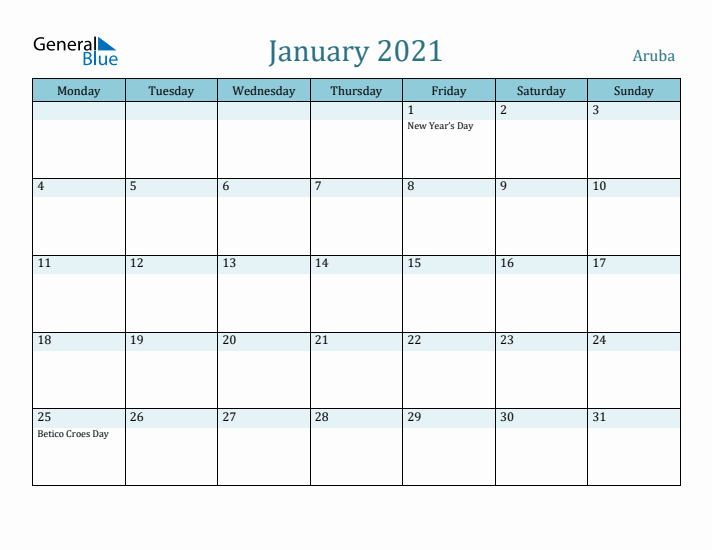 January 2021 Calendar with Holidays