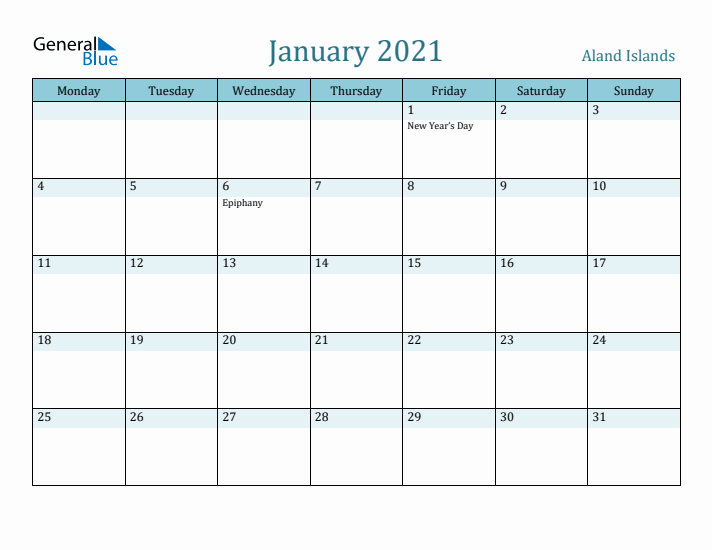 January 2021 Calendar with Holidays