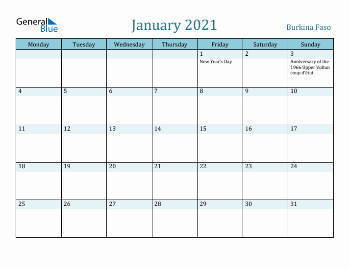 January 2021 Calendar with Holidays