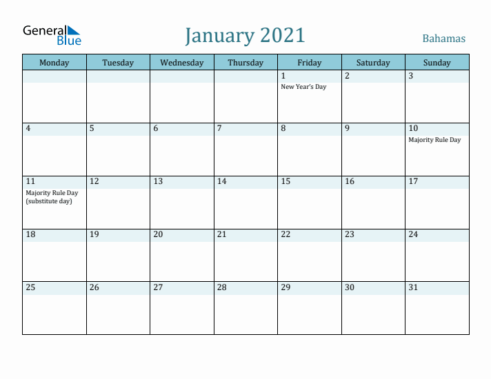 January 2021 Calendar with Holidays