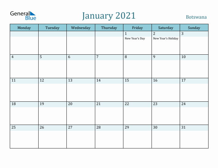 January 2021 Calendar with Holidays