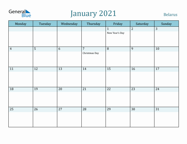 January 2021 Calendar with Holidays