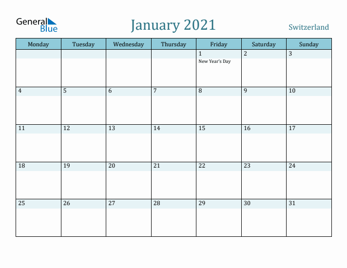 January 2021 Calendar with Holidays