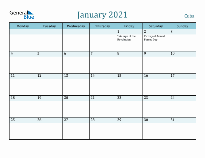 January 2021 Calendar with Holidays