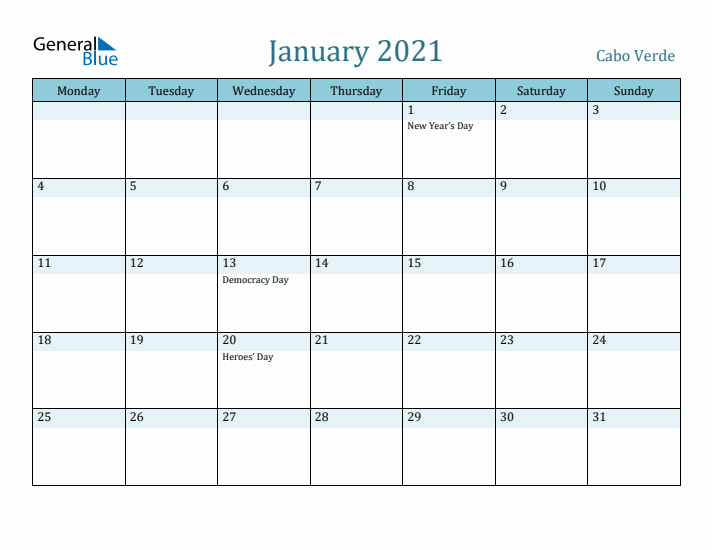 January 2021 Calendar with Holidays