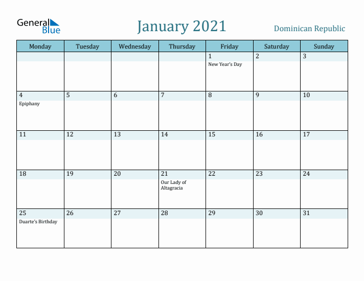 January 2021 Calendar with Holidays