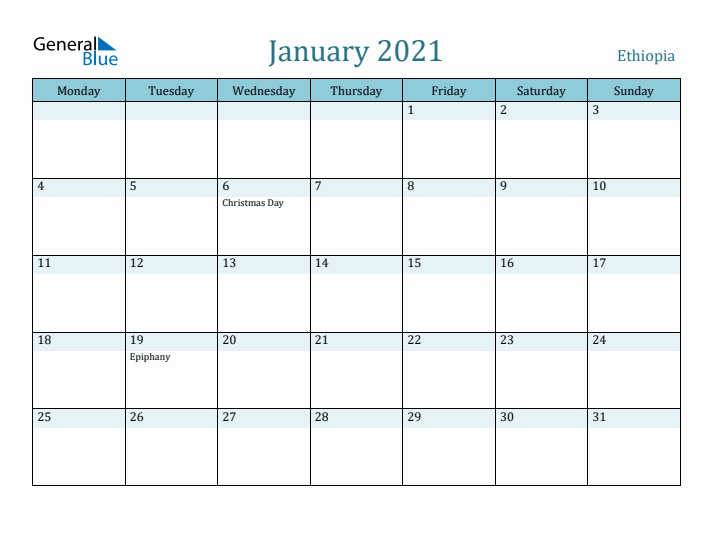 January 2021 Calendar with Holidays