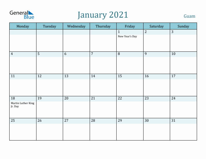 January 2021 Calendar with Holidays