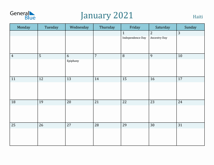 January 2021 Calendar with Holidays