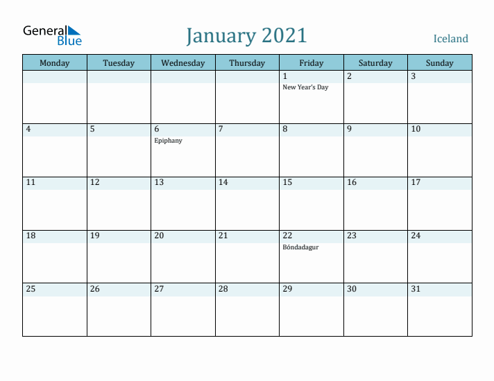 January 2021 Calendar with Holidays