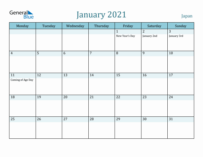 January 2021 Calendar with Holidays