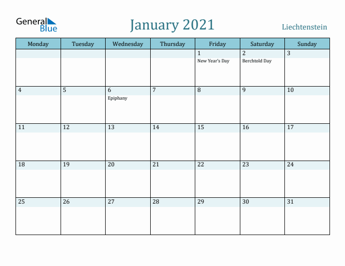 January 2021 Calendar with Holidays