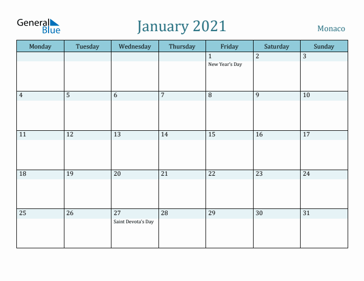 January 2021 Calendar with Holidays