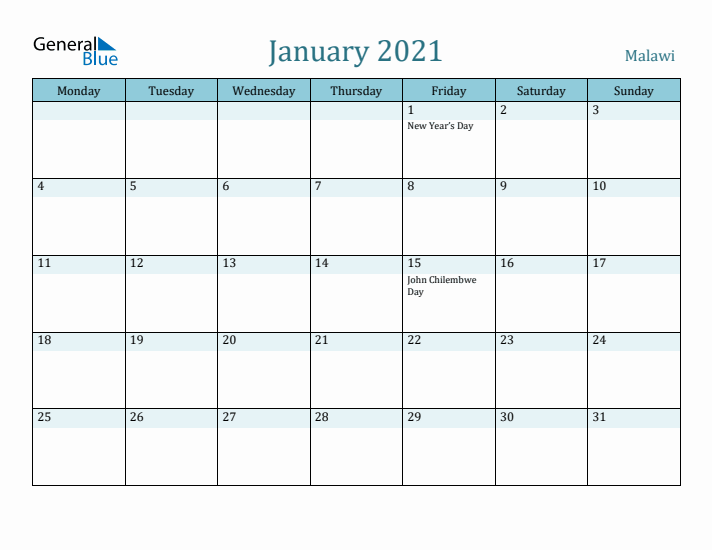 January 2021 Calendar with Holidays