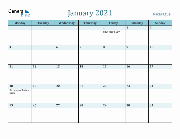 January 2021 Calendar with Holidays