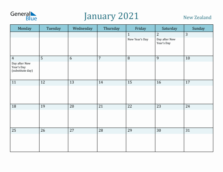 January 2021 Calendar with Holidays