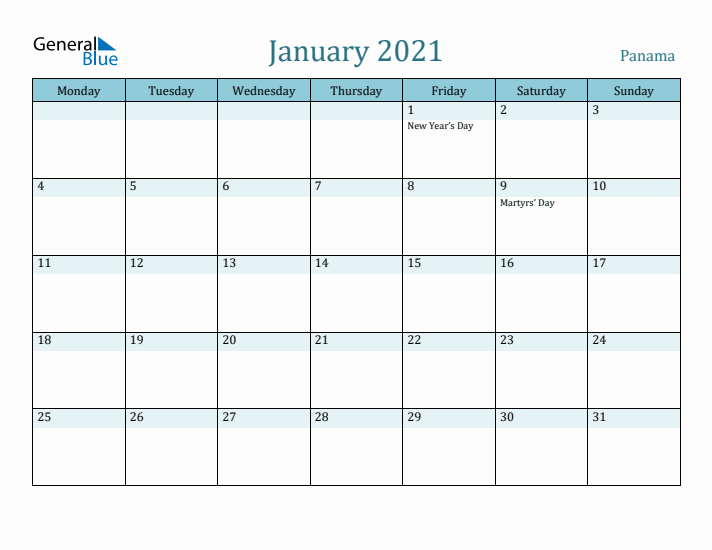 January 2021 Calendar with Holidays