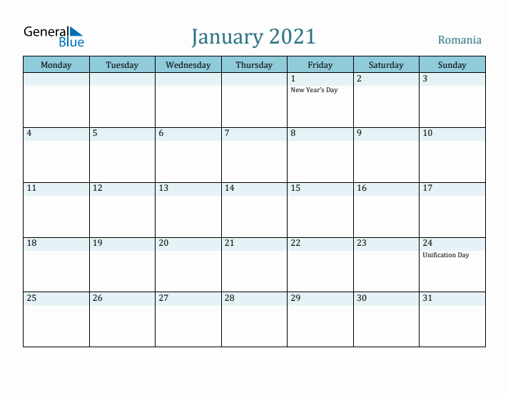 January 2021 Calendar with Holidays