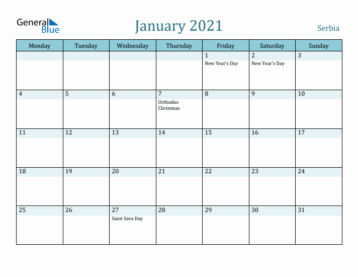 January 2021 Calendar with Holidays