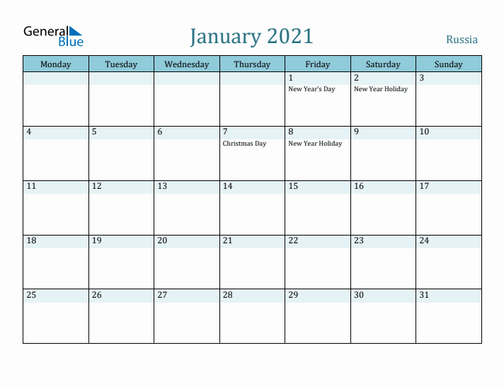 January 2021 Calendar with Holidays