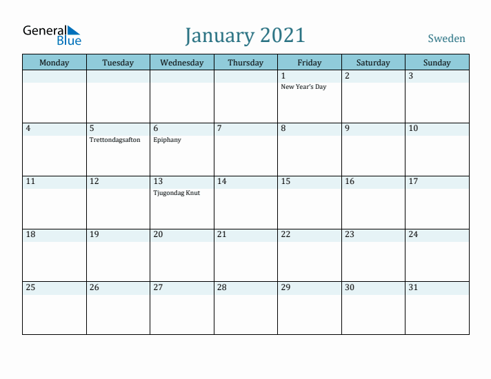 January 2021 Calendar with Holidays