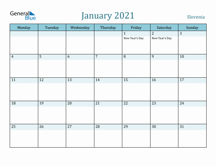 January 2021 Calendar with Holidays