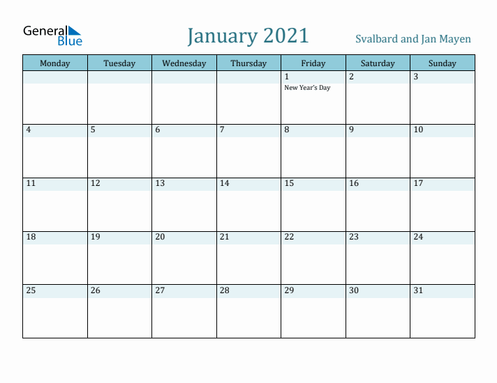 January 2021 Calendar with Holidays