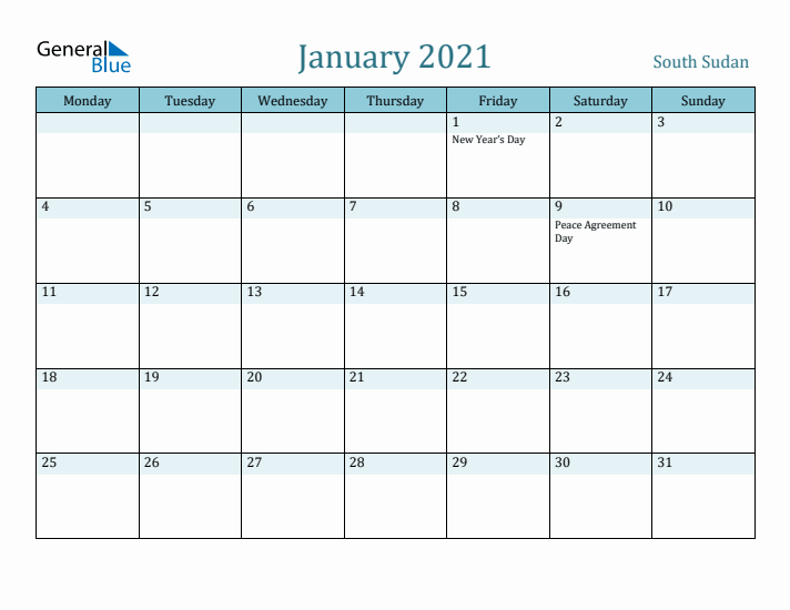 January 2021 Calendar with Holidays