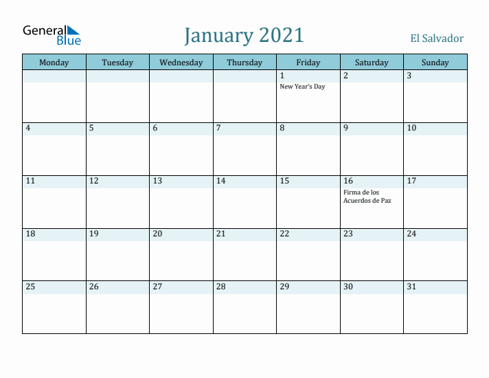 January 2021 Calendar with Holidays