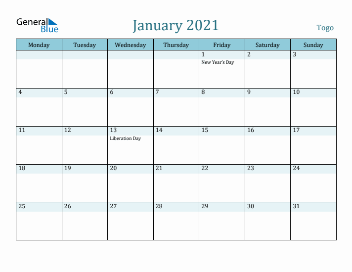 January 2021 Calendar with Holidays