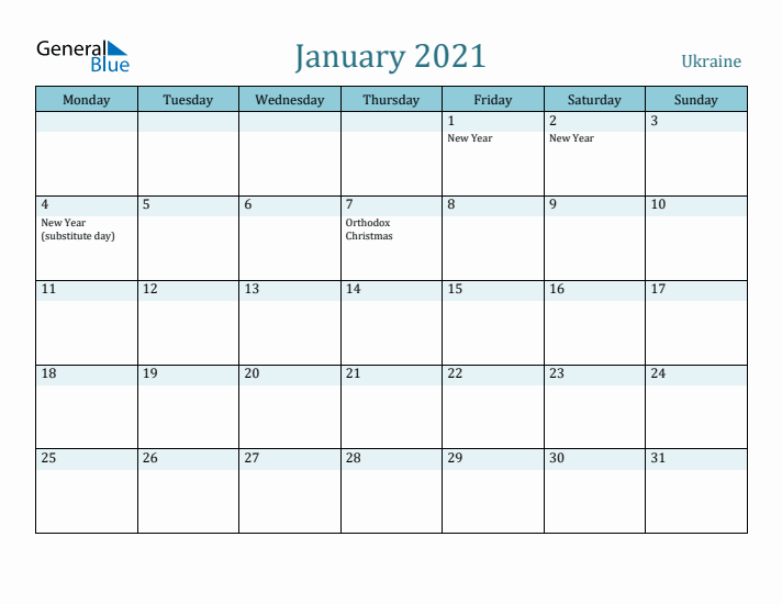 January 2021 Calendar with Holidays