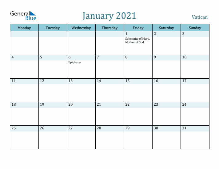 January 2021 Calendar with Holidays