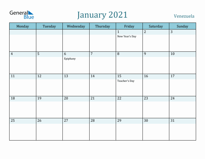 January 2021 Calendar with Holidays