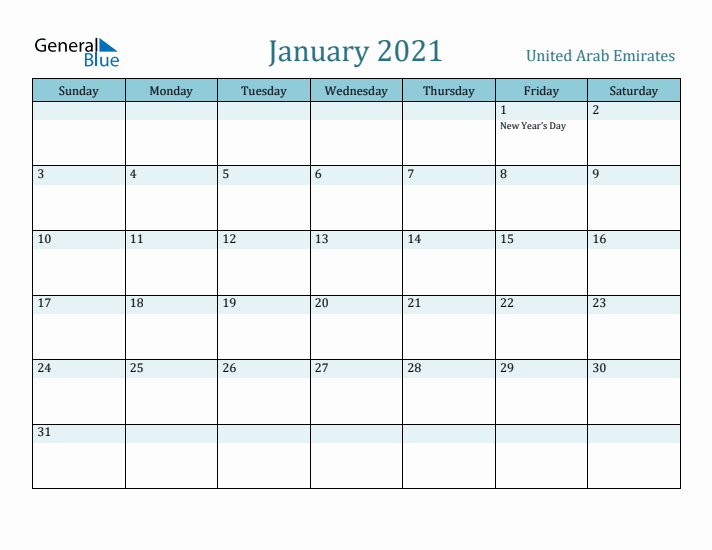 January 2021 Calendar with Holidays