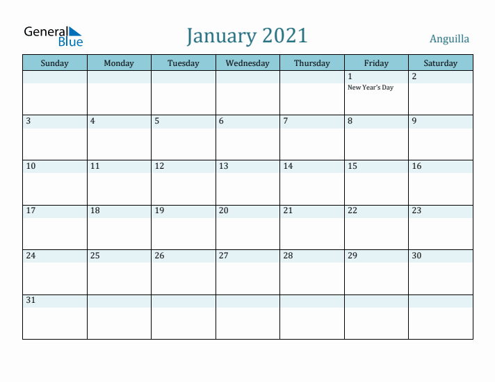 January 2021 Calendar with Holidays