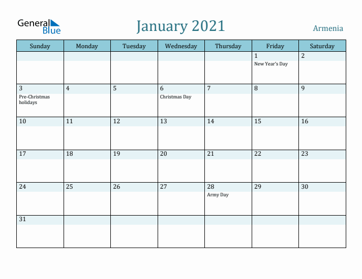 January 2021 Calendar with Holidays