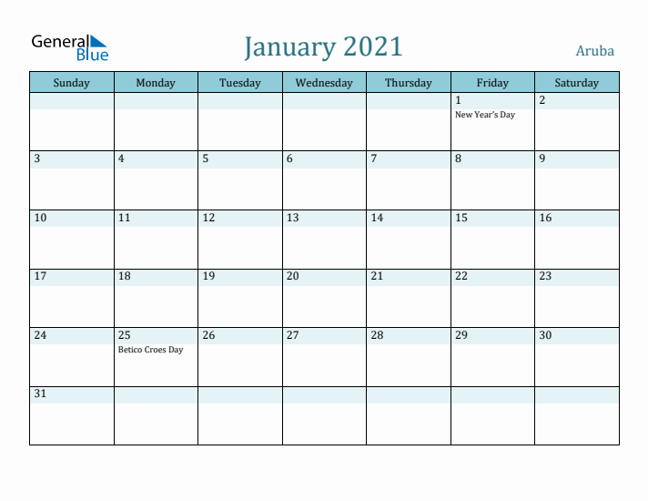 January 2021 Calendar with Holidays